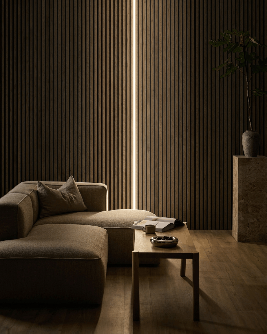 Minimalist living room with beige sectional sofa, WoodUpp Akupanel acoustic slat wall, 240cm Lumi LED striplight, coffee table, and potted plant on stone pedestal.